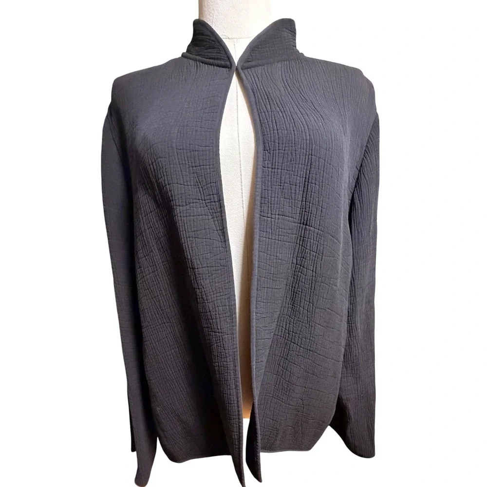Eileen Fisher Silk Blend Crinkle Textured Open Front‎ Jacket Cardigan Black M